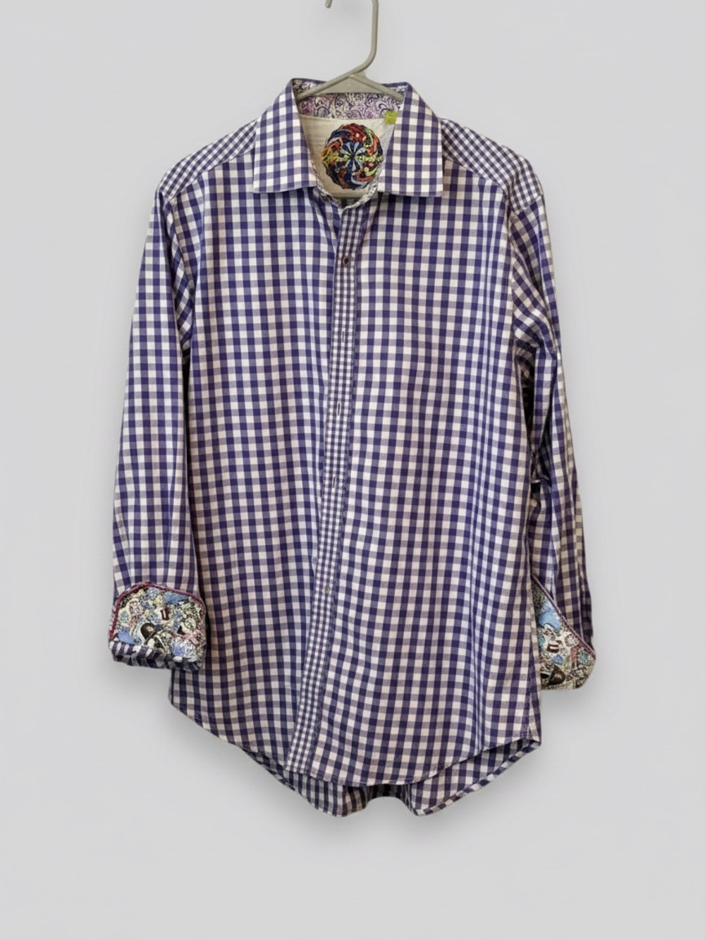 Robert Graham Mens Long Sleeve Flip Cuff Button UPShirt PurpleGingham Large Frat